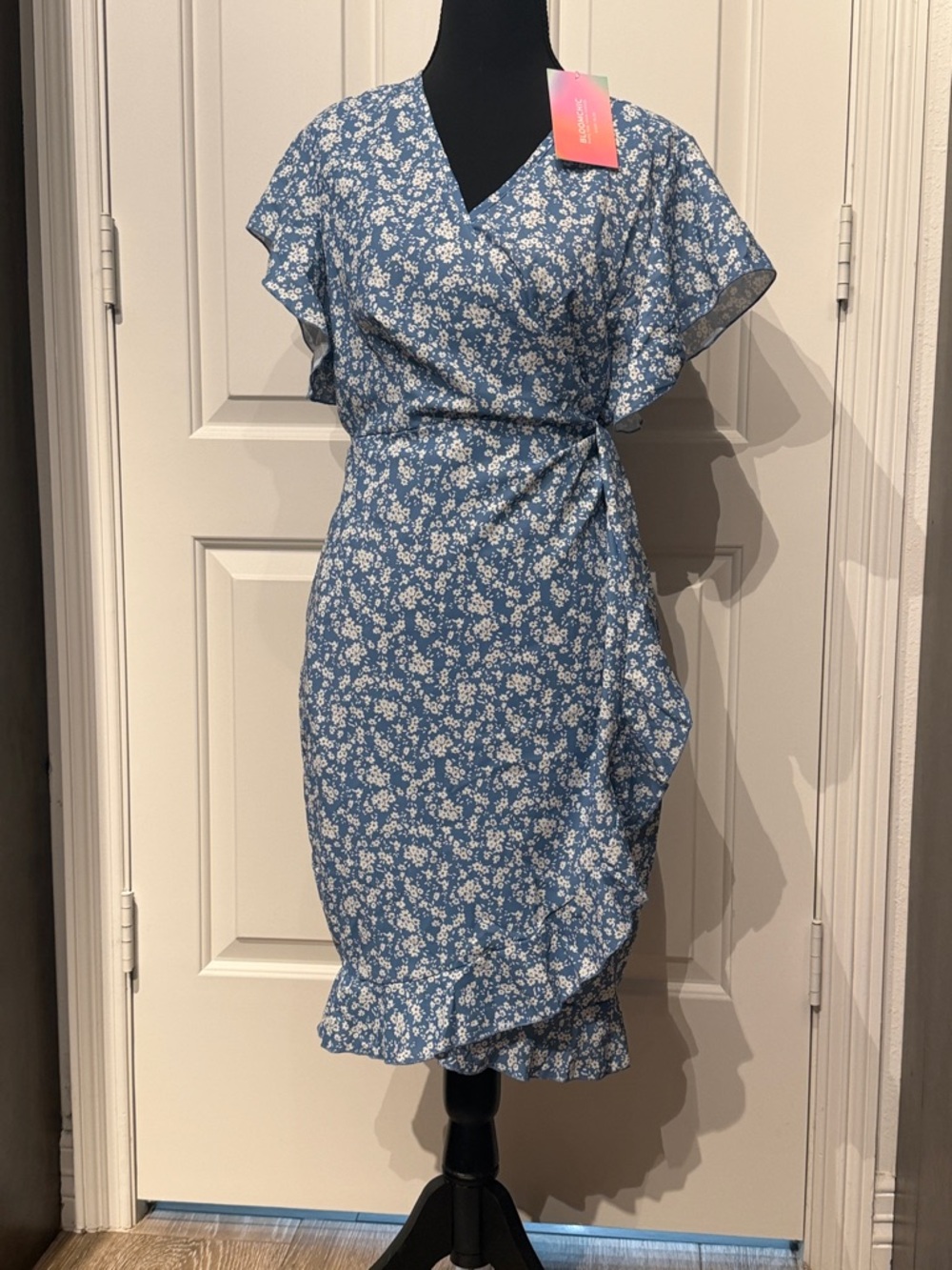 BloomChic Blue Floral Wrap Midi Dress with Flutter Sleeves